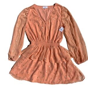 NSR Nordstrom Womens Small Peach Gold Metallic Dots Long Sleeve Smock Mini Dress